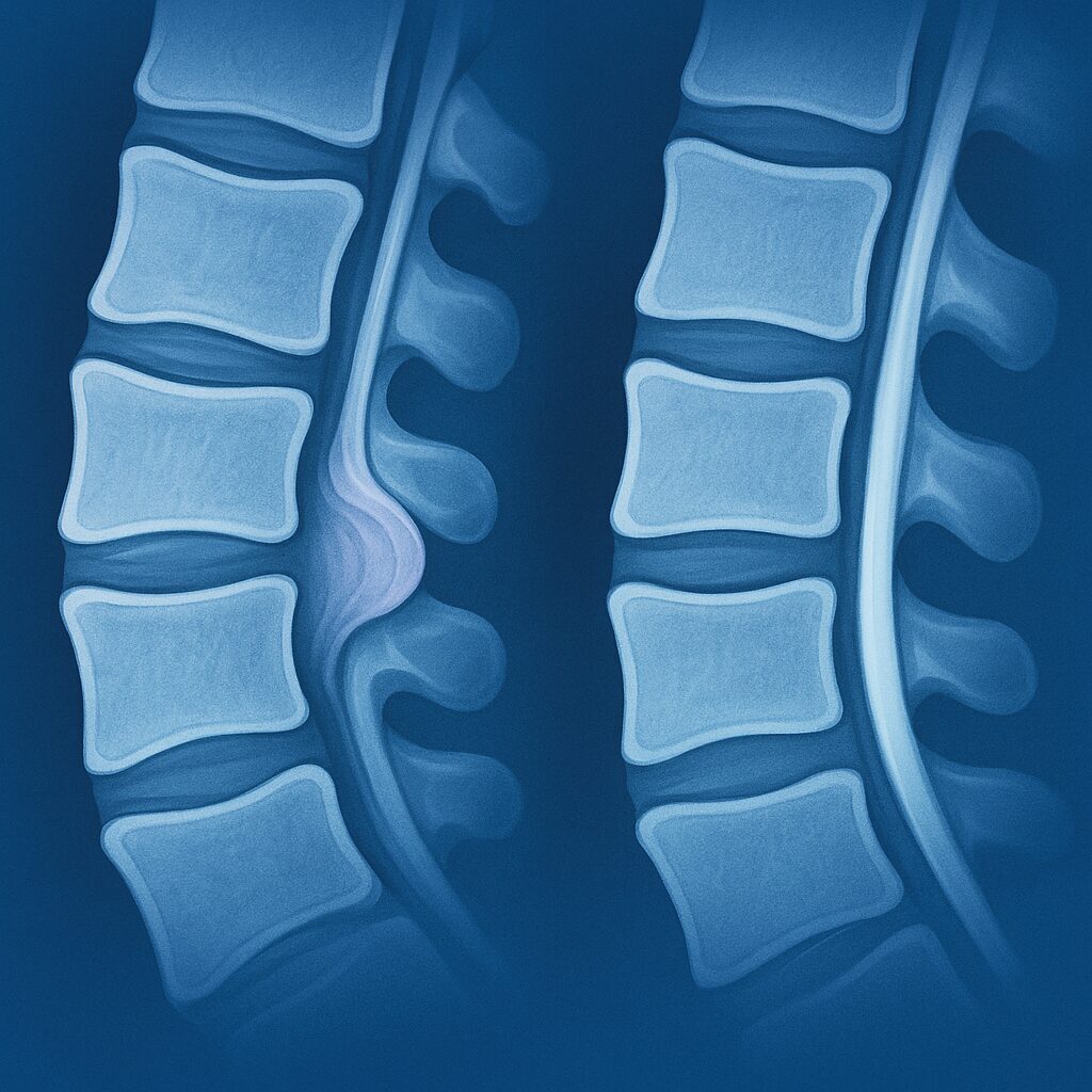 MRI illustration of lumbar disc herniation before and after ozone therapy